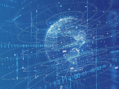 An image of an outline of the world with data and numbers swirling around it