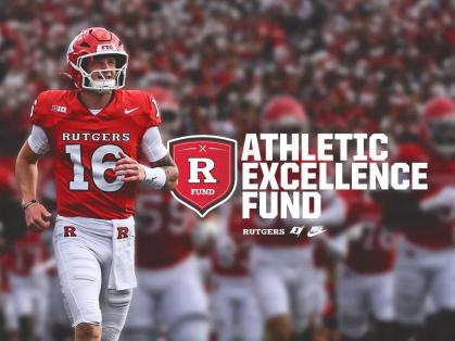 Football player running to the field next to a shield reading R Fund with the Rutgers, State of New Jersey, and Nike logosand bold letters reading Athletic Excellence Fund