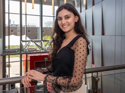 Rutgers-New Brunswick student Asmi Kaushal stands inside the Richard Weeks Hall of Engineering on Busch campus.
