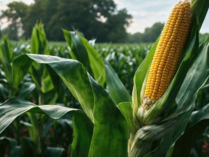 A single ear of corn at right amidst a field of green corn plants