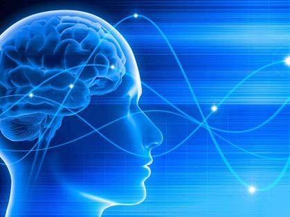 Blue background with stylized human head with filigrees wafting through space