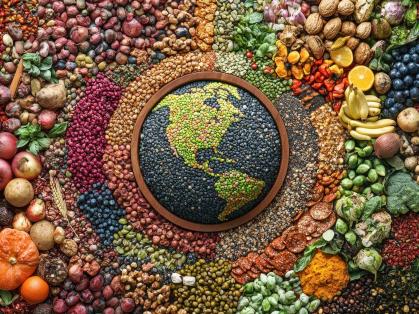 Swirls of food items around a central globe, all made out of seeds and pieces of fruit