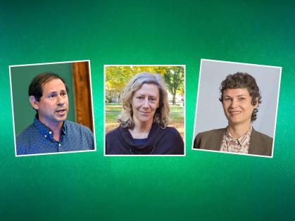 A photo collage featuring headshots of a man and two women with a green background.