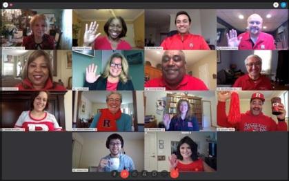 Image of zoom meeting of people wearing Rutgers gear