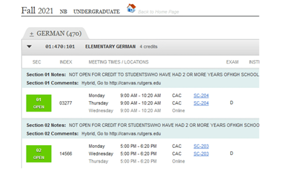 Screenshot of the Fall 2021 Schedule Planner