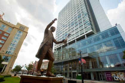 Staue of Colonel John Neilson in front of New Brunswick Performing Arts Center at Civic Square in Downtown New Brunswick 2019