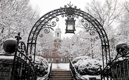 A snow covered gate at Rutgers New Brunswick