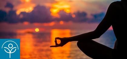 A person meditates in front of the ocean at sunset