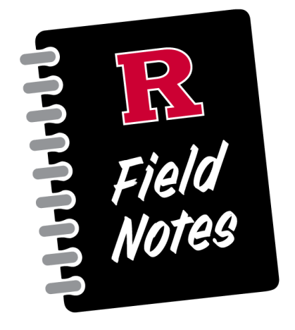 Image of a black notebook with a red Rutgers "R" and the words "Field Notes' written in white letters beneath it.