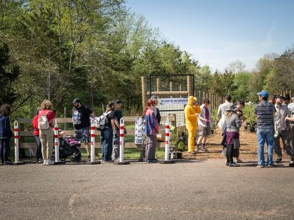 Community participants lining up to register for a tree planting event