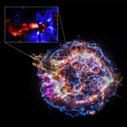 An exploding star filled with neon-colored gas clouds and strings of light with an inset closeup showing gas against the background of space