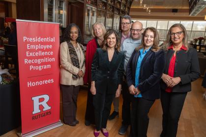 Gateway Service to Students Team Award recipients. (Back row L to R) Lydia Prendergast, Margaret Cozzens, Uli Kremer and David Pennock. (Front Row L to R) Anna Paula Centeno, Hayet Bensetti-Benbader, and Sangya Varma.