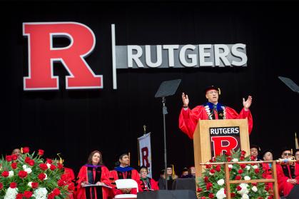 President Holloway speaking during commencement 