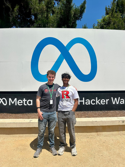 Jack Aregood, left, and Ankit Mithbavkar, co-presidents of the Rutgers' Road to Silicon Valley Program, at their Meta tour on April 30, 2026. 