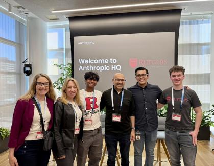 Sharon Lydon, Associate Dean of Alumni and Corporate Engagement, Kristin DiFoglio, Associate Dean for Advancement, RSVP co-president Ankit Mithbavkar, RSVP faculty advisor Mukesh Patel, Anthropic's Federico Velarde, and RSVP co-president Jack Aregood.