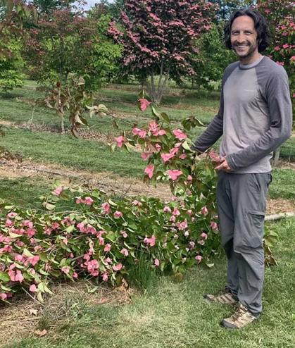 Man at right stands in a dogwood orchard