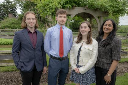 Illia Kholiavin (SEBS '25), Victoria Richard (SAS '25), Smruthi Sathya (RBS '25) and Evan Keeton (SAS '25) at the 2025 Matthew Leydt Society reception.