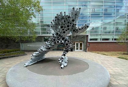 Ralph Helmick’s 2009 sculpture "Signal" stands in front of the Biomedical Engineering Building on Busch campus at Rutgers-New Brunswick.