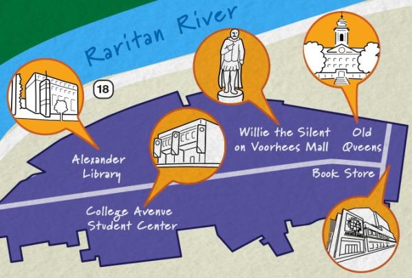 A graphic of the College Avenue Campus showing key places like Alexander Library