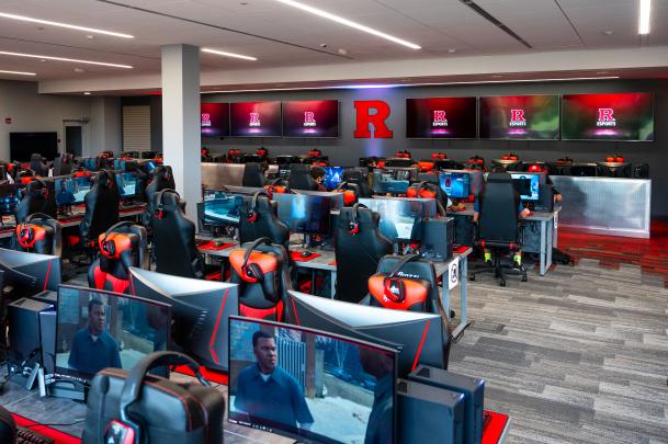 Screens and chairs in the Rutgers Esports Center in the Busch Student Center at Rutgers University—New Brunswick.