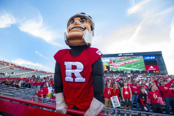 Scarlet Knight joins the student section at SHI Stadium on game day