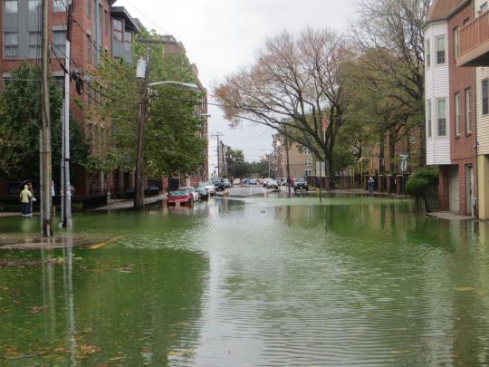 Flood water from Superstorm Sandy fills streets in Hoboken.