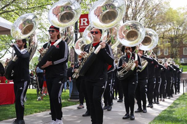 The band marches on campus during Rutgers Day 