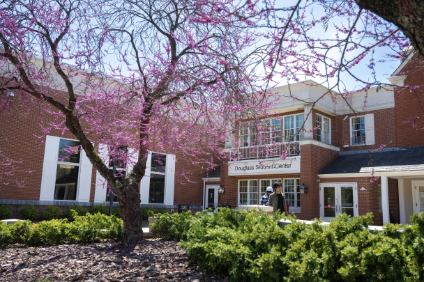A spring day outside the Douglass Student Center on Douglass campus.