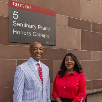 Rutgers President William F. Tate IV (left) and Rutgers-New Brunswick Chancellor Francine Conway were on hand to greet students and their families.
